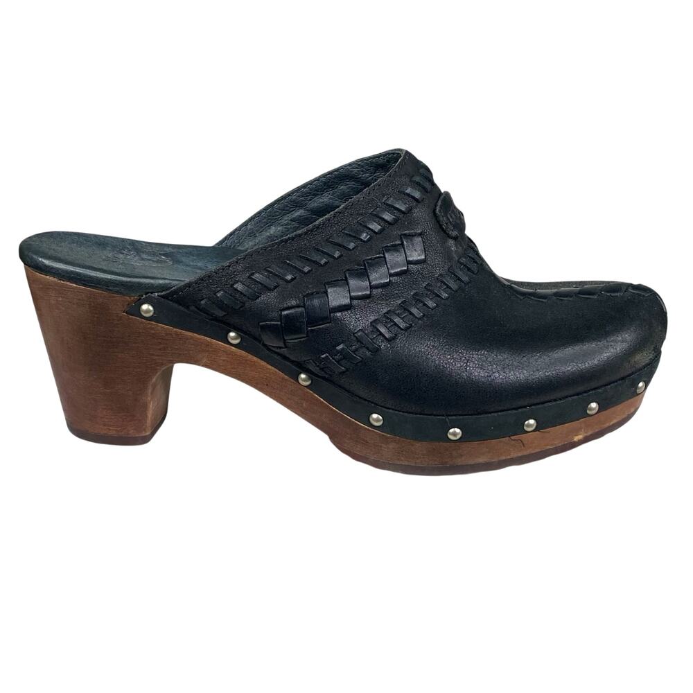 UGG Women’s Vivica Black Leather Woven Boho Wooden Clog Size US 6